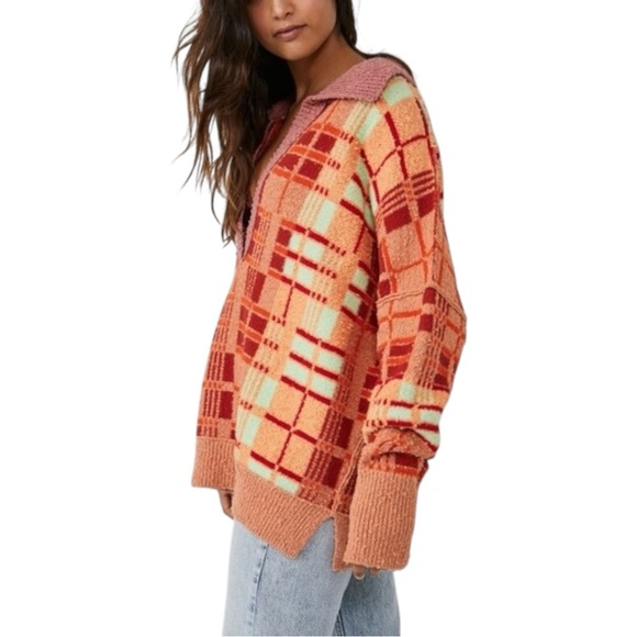Free People Ruben Oversized Textured Plaid Collared Sweater Boho Pullover M - Picture 4 of 11